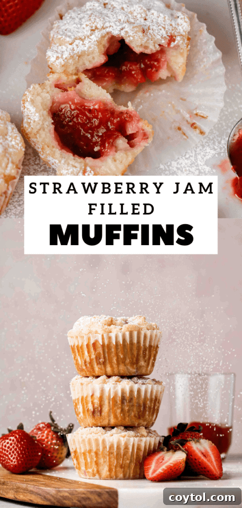 A beautifully styled image of strawberry muffins with streusel, perfect for social media sharing and saving.