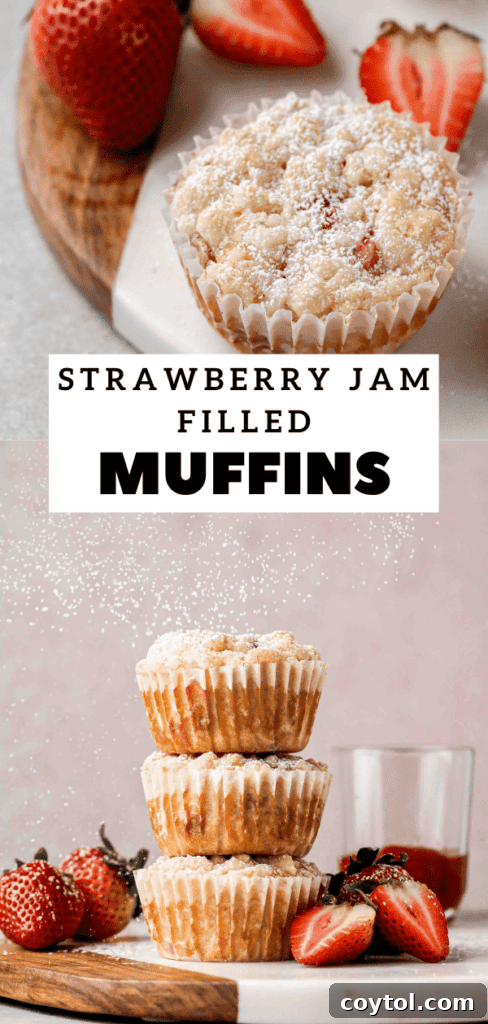 A tempting shot of strawberry jam filled muffins with streusel, ideal for pinning and future baking.