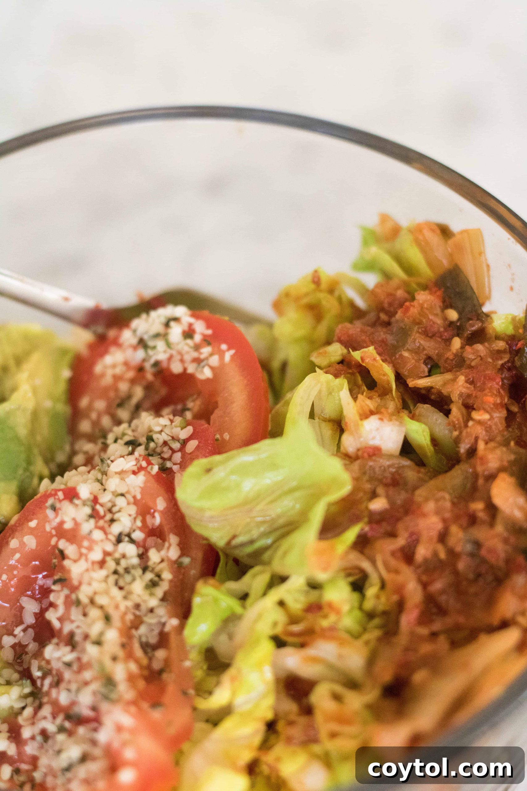 Artistic top-down view of the vegan gut-healing Buddha bowl, highlighting the colorful textures and fresh ingredients.