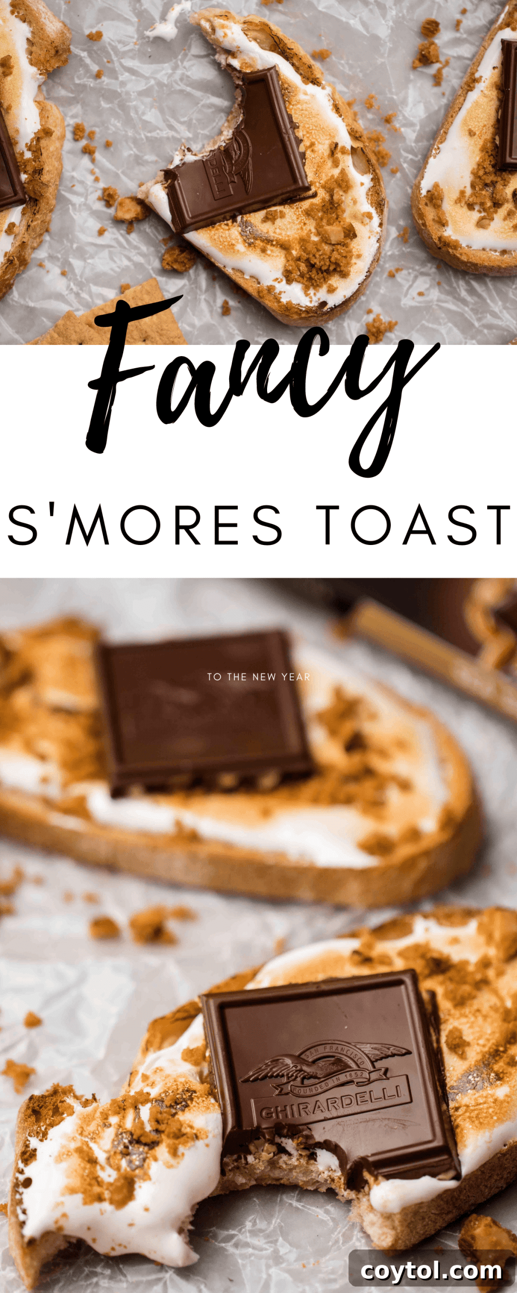 Gourmet s'mores toast with Ghirardelli chocolate - horizontal pin image
