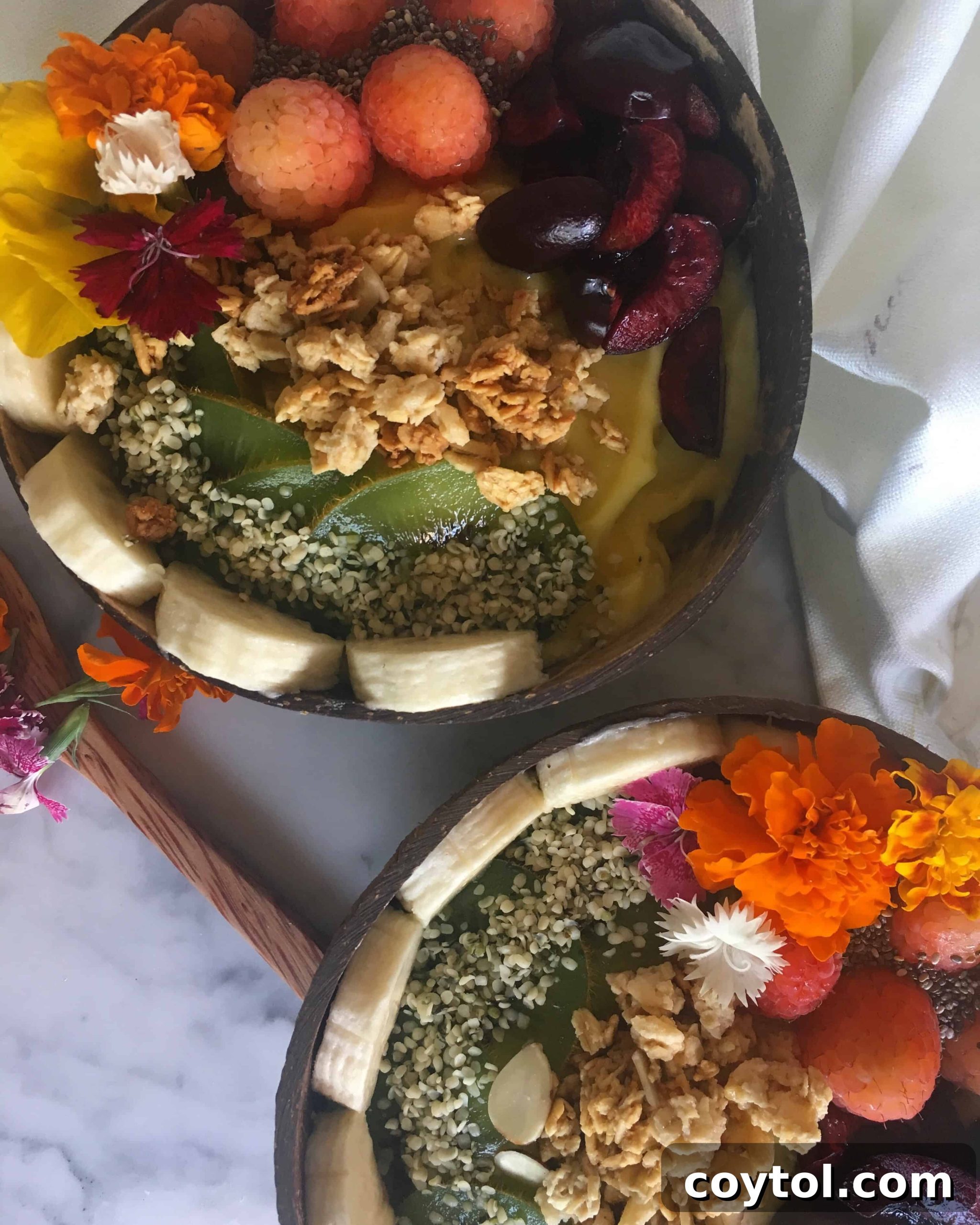 The final product of our healthy smoothie bowls. Topped with cherries, kiwi, banana, raspberry, chia seeds, granola and hemp seeds