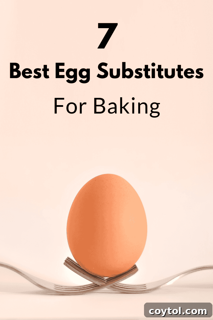 A visual summary graphic titled '7 best egg substitutes for baking' with images of various substitutes.