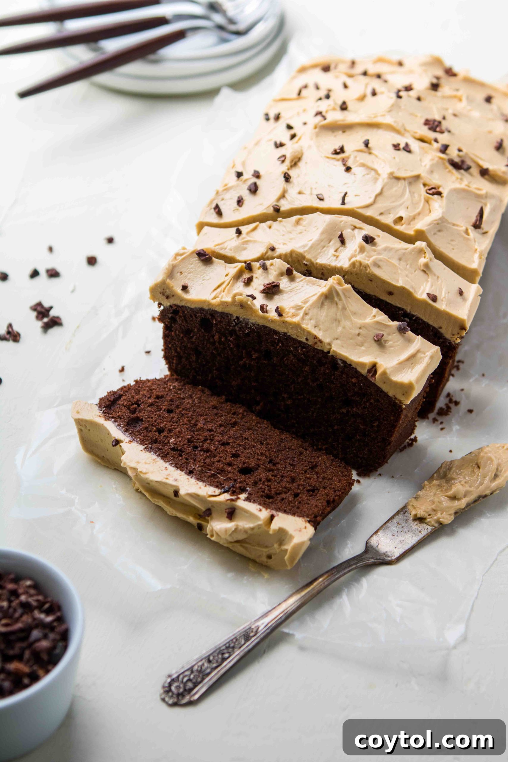 Delicious chocolate loaf cake with coffee frosting, perfect for entertaining