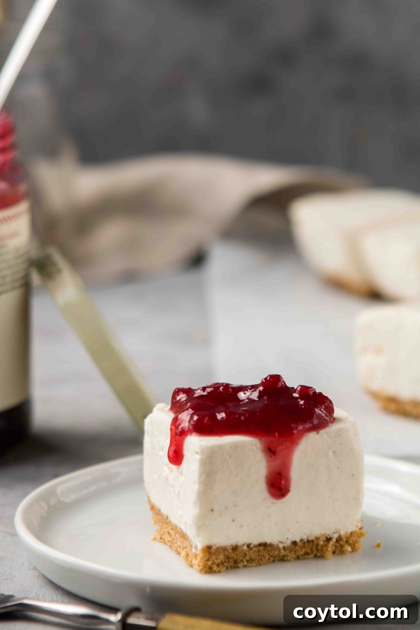 Dreamy Vanilla Bean No Bake Cheesecake Bars 2 Creamy no bake vanilla bean cheesecake bars topped with fresh berry jam