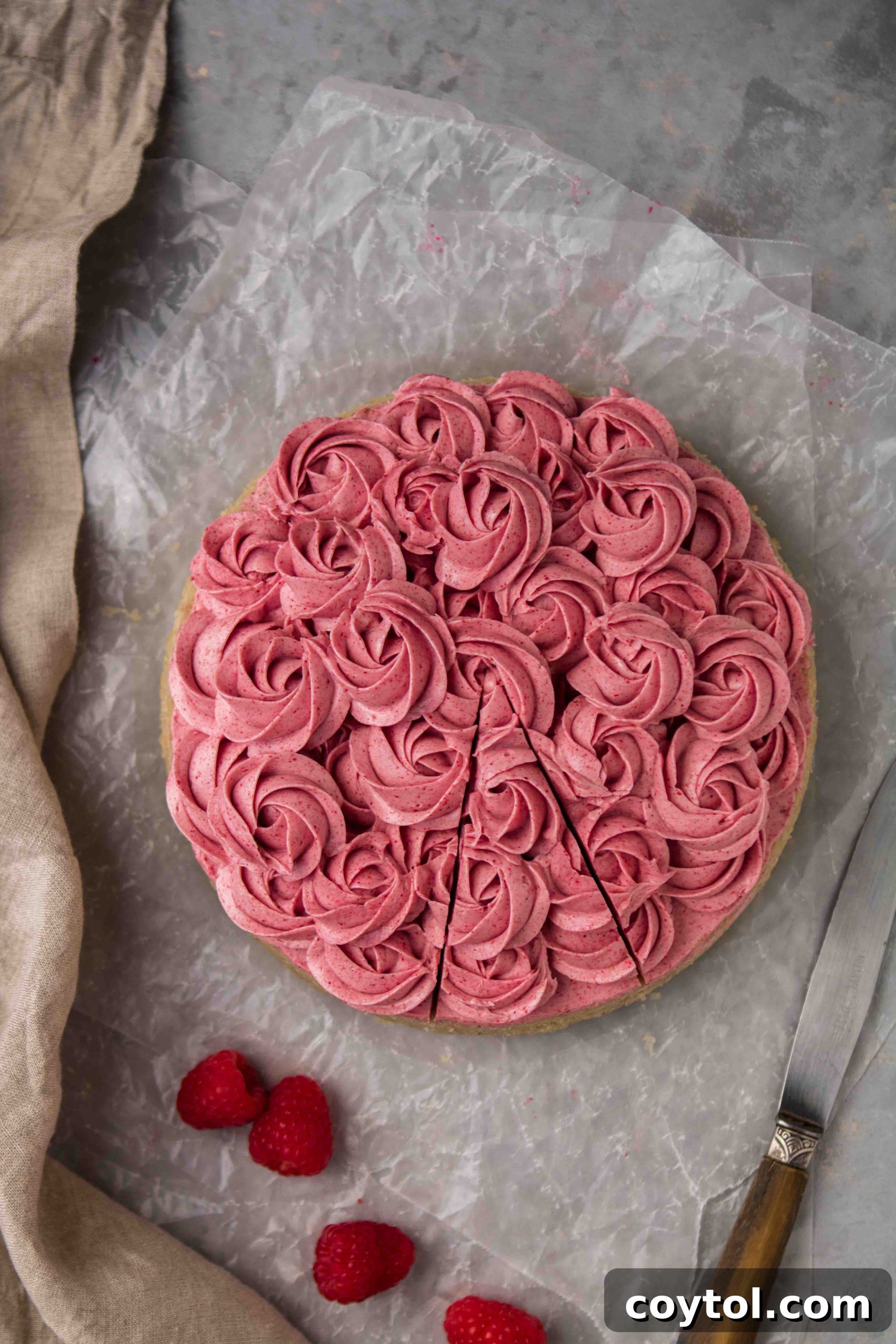 Delicious pink raspberry frosting on butter cake