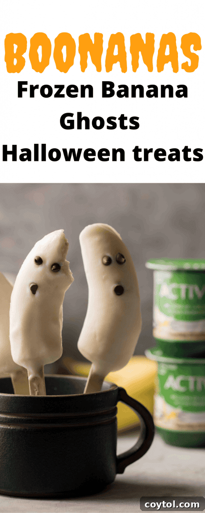 Pin for later: Boonanas, a batch of frozen banana ghosts, ready to be enjoyed as a healthy Halloween treat.
