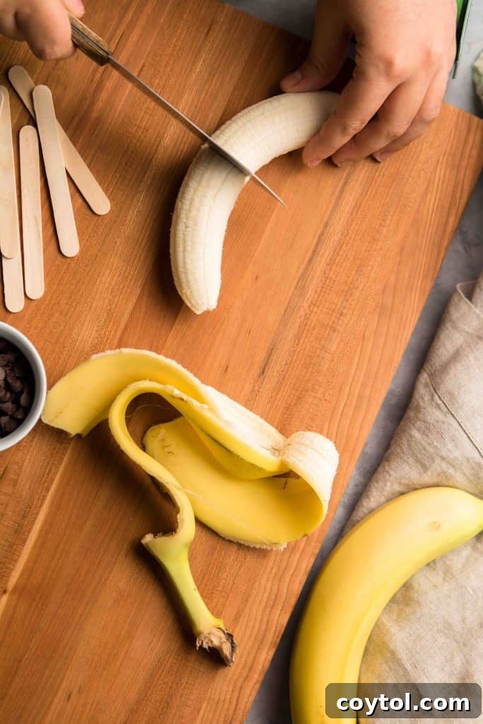 Step-by-step image showing bananas being cut and placed on popsicle sticks for Boonanas.