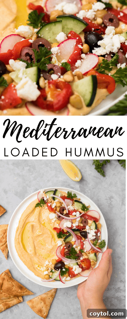 Mediterranean Loaded Hummus recipe card for Pinterest