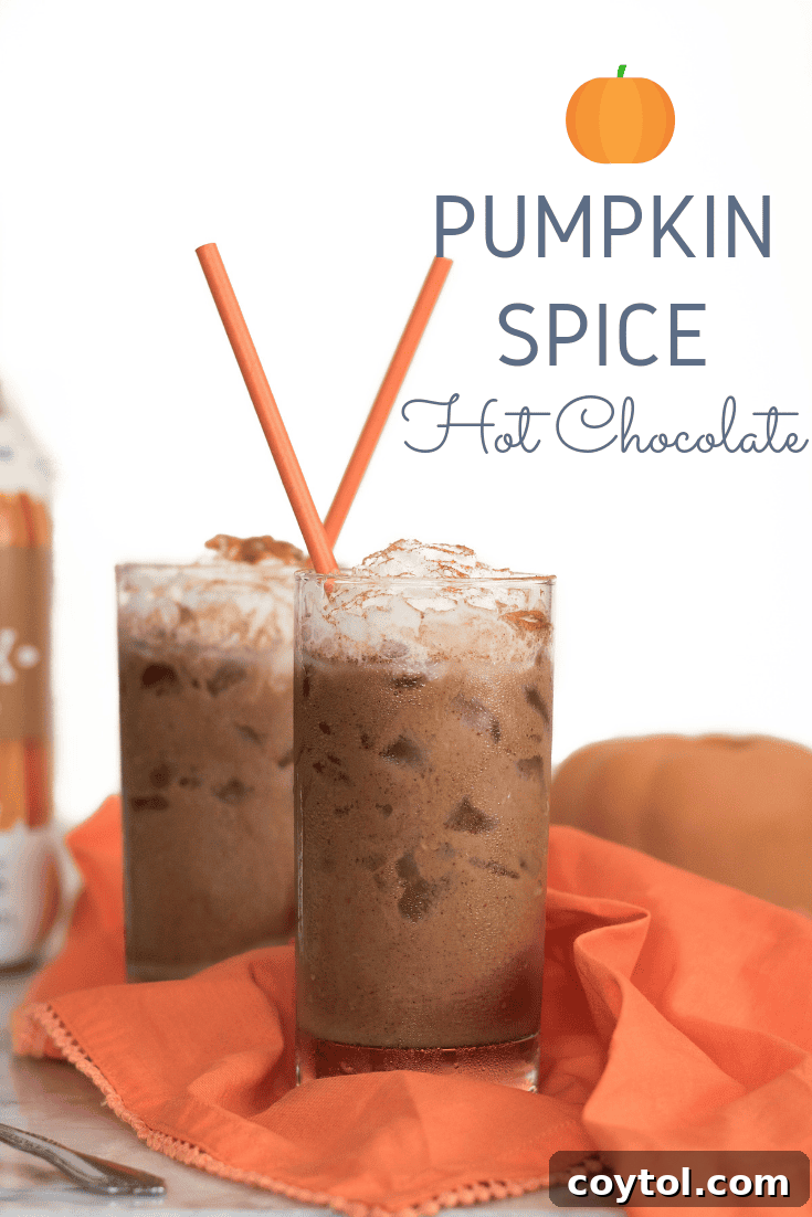 A visually striking promotional image for Iced Vegan Pumpkin Spice Hot Chocolate, designed for sharing and pinning on social media platforms like Pinterest to inspire others.