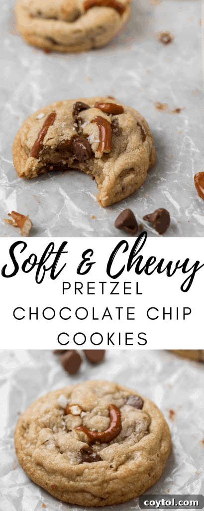 Pinterest graphic for soft and chewy pretzel chocolate chip cookies
