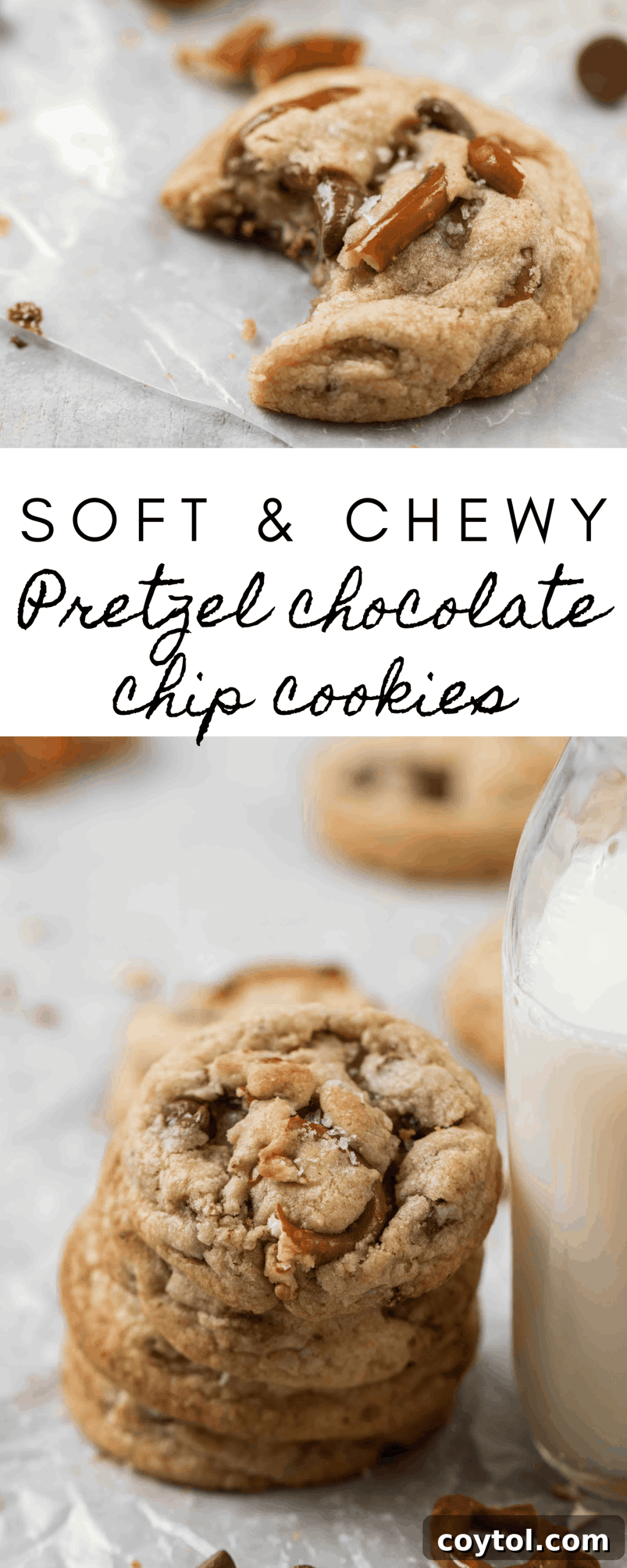 Pinterest graphic for pretzel chocolate chip cookie recipe