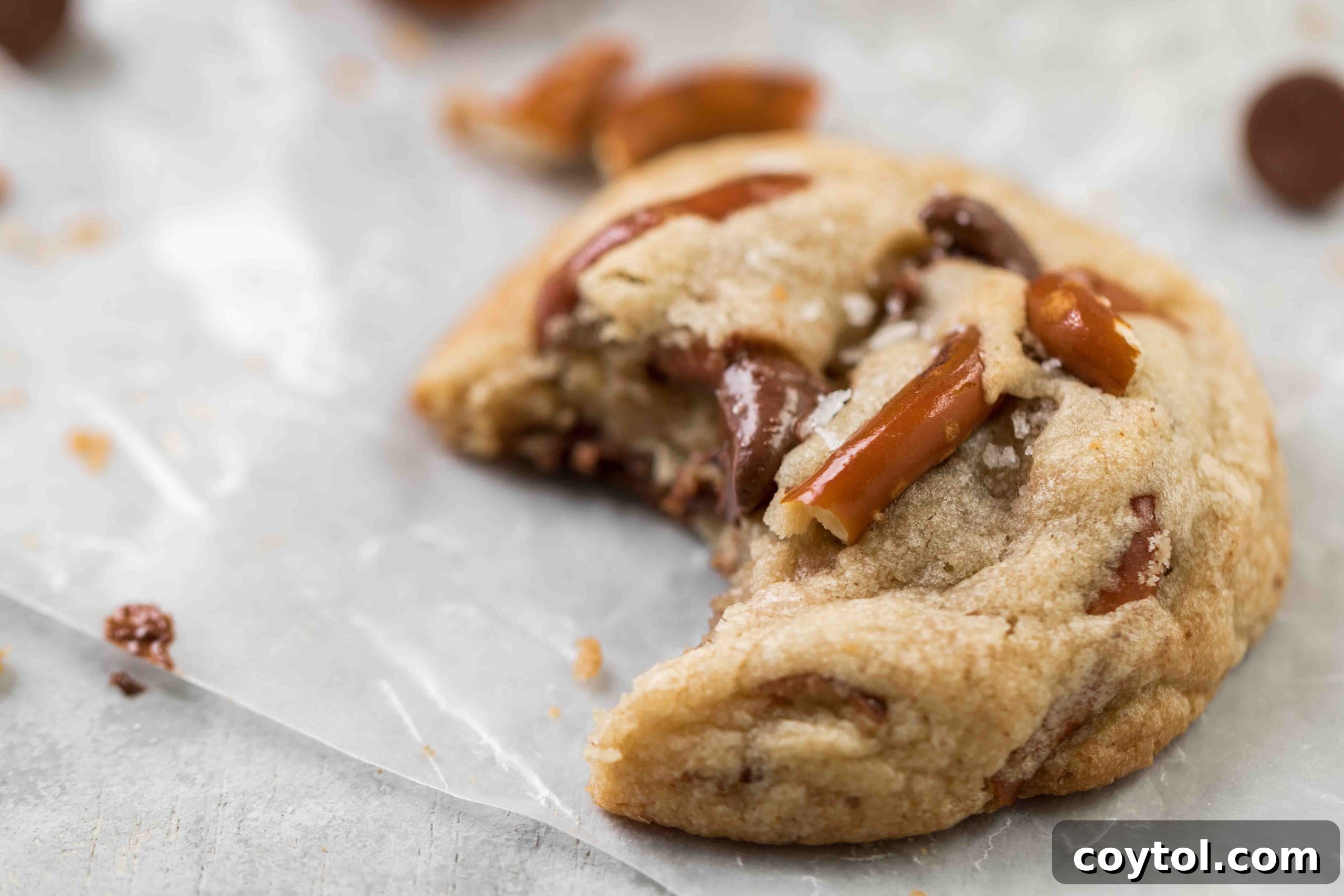 Close-up of a freshly baked pretzel chocolate chip cookie with melted chocolate