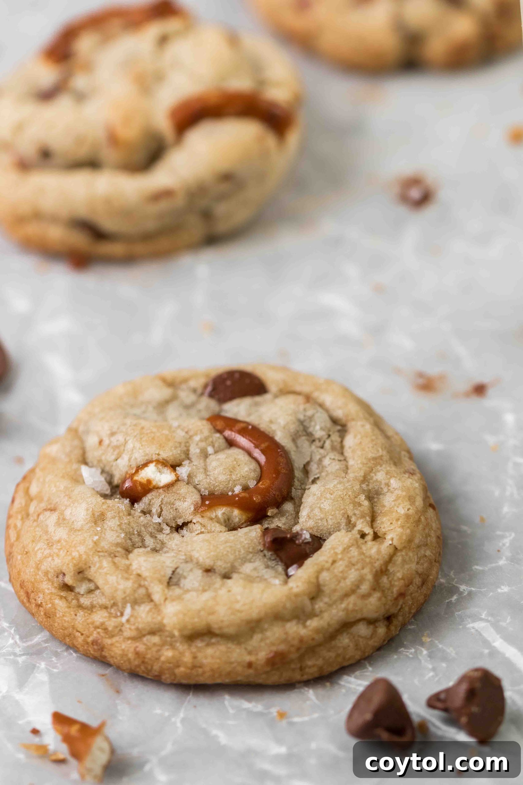 Various pretzel chocolate chip cookies arranged aesthetically