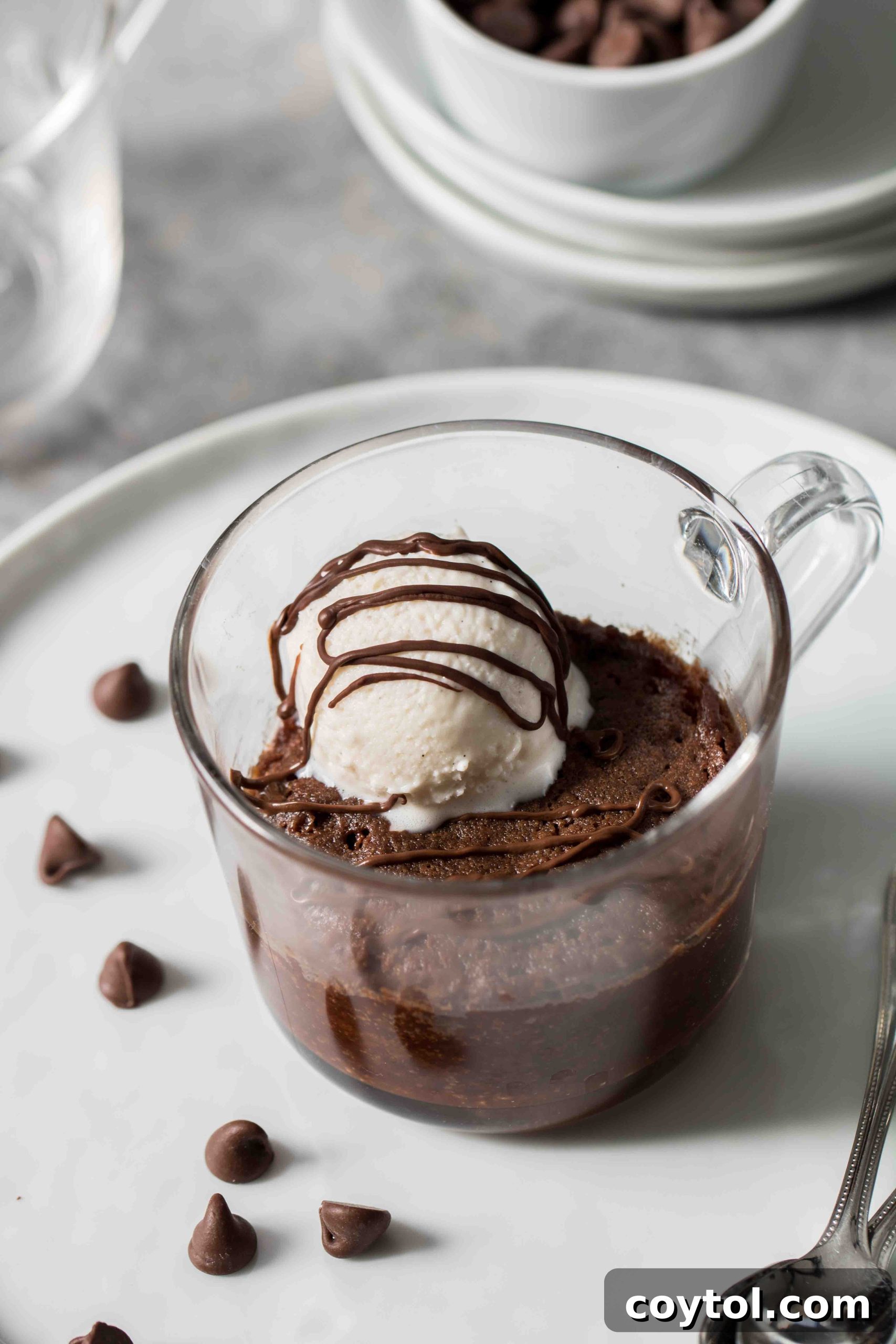 Close-up of the best chocolate brownie mug cake