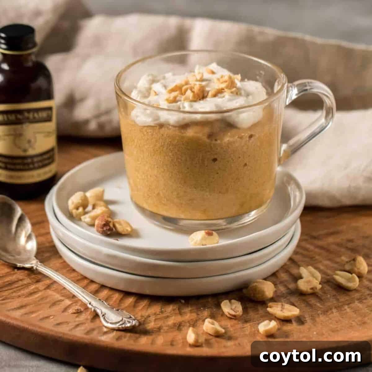 Moist peanut butter mug cake topped with whipped frosting and crushed peanuts in a glass mug.