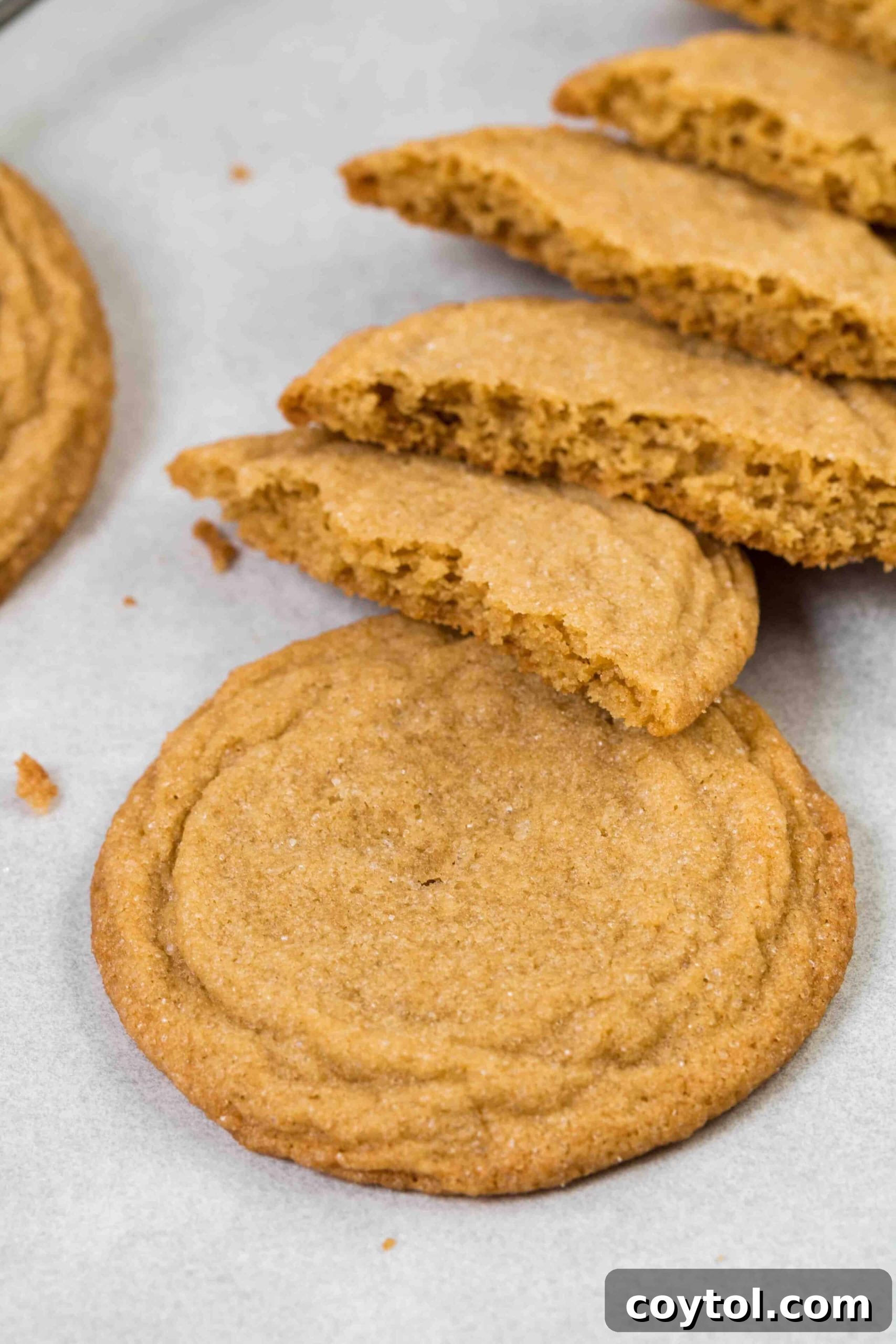 Rich, Chewy Brown Sugar Cookies 7 A brown sugar cookie cut in half, revealing its moist, chewy interior.