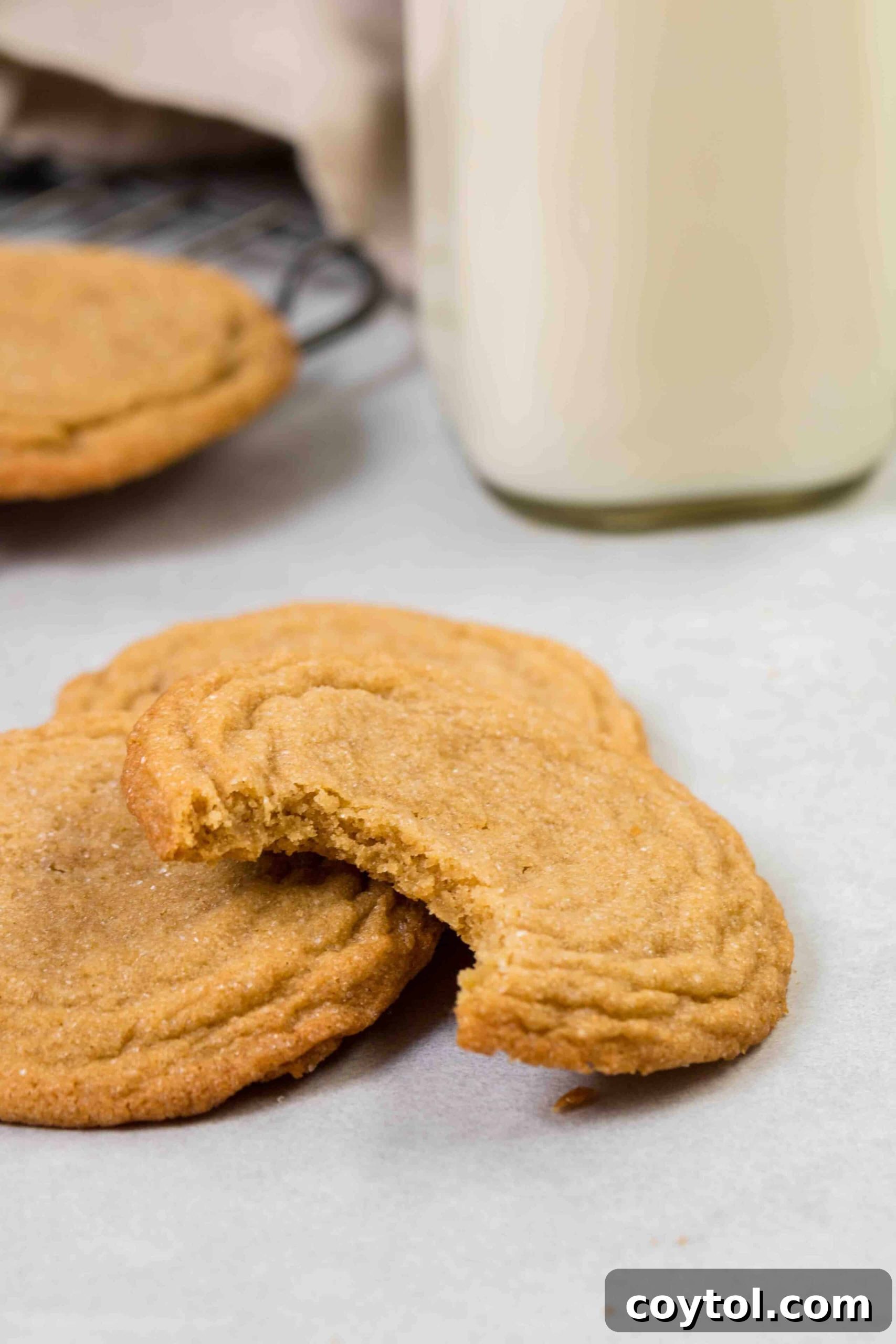 Rich, Chewy Brown Sugar Cookies 8 A delicious chewy brown sugar cookie with a bite taken out, resting on a cooling rack.