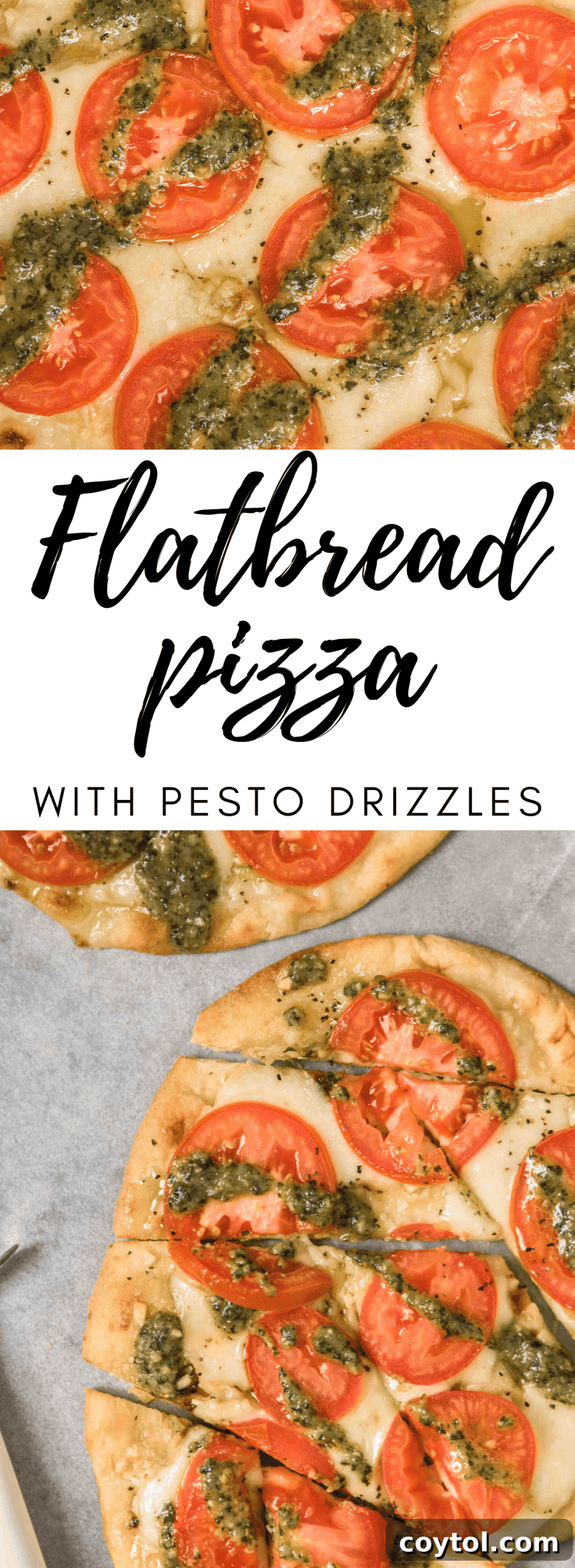 Two flatbread pizzas, one whole, one sliced, with text overlay 'Easy Flatbread Pizza with Pesto Drizzle' for Pinterest.