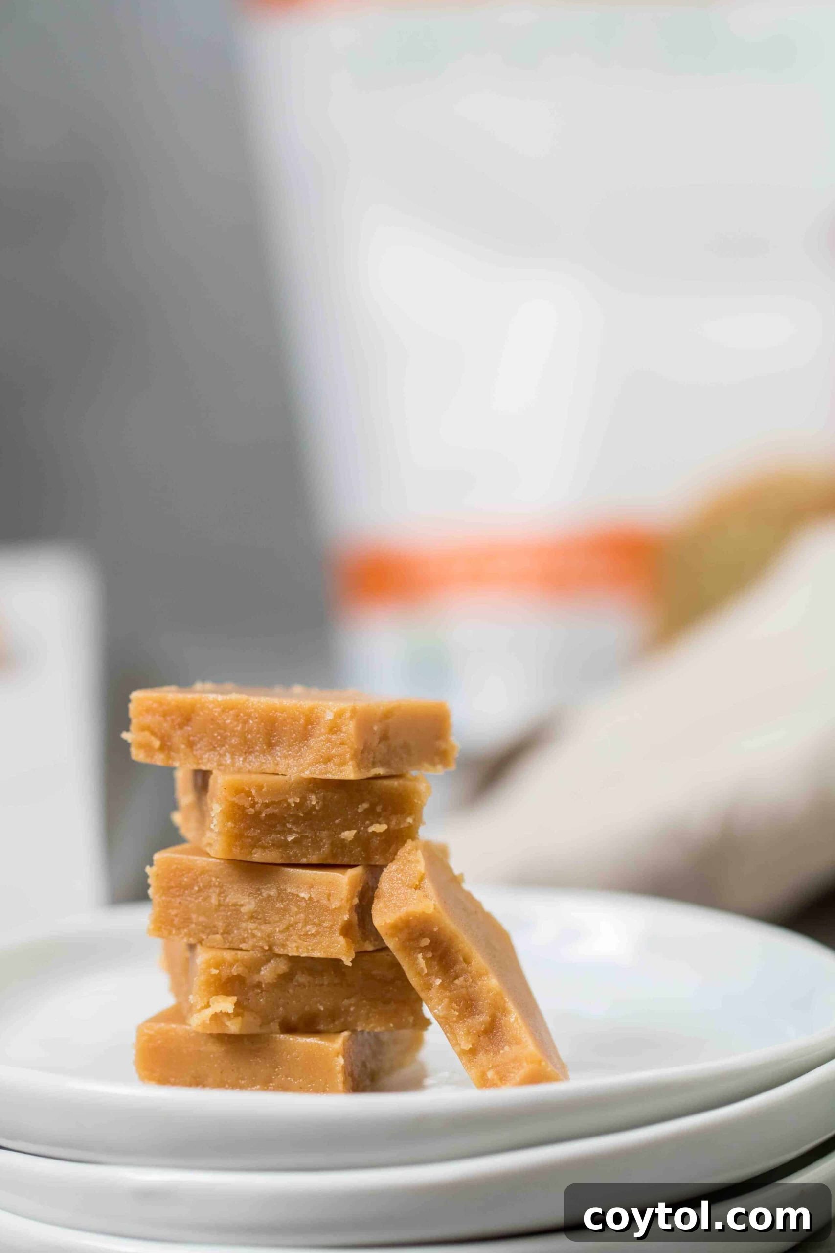 Decadent Small Batch Keto Peanut Butter Fudge 8 Stack of melt-in-your-mouth low carb peanut butter fudge squares, showcasing their creamy texture.