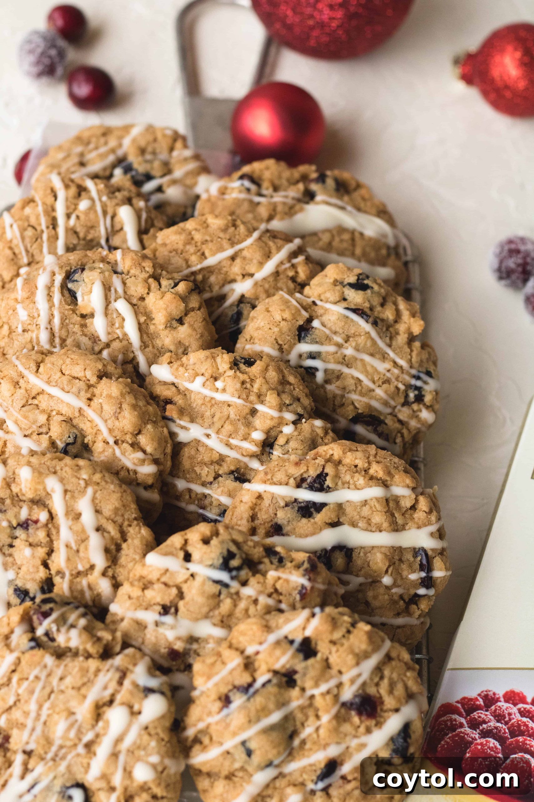 Cranberry oatmeal cookies with white chocolate drizzle on top
