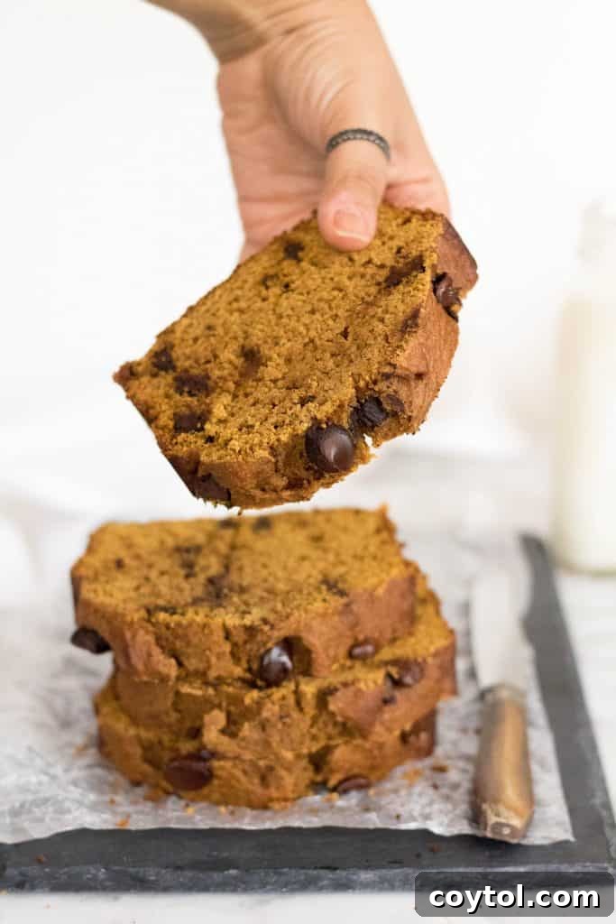 Wholesome Pumpkin Chocolate Chip Loaf 2 Healthy pumpkin bread slice on a board with autumn decor