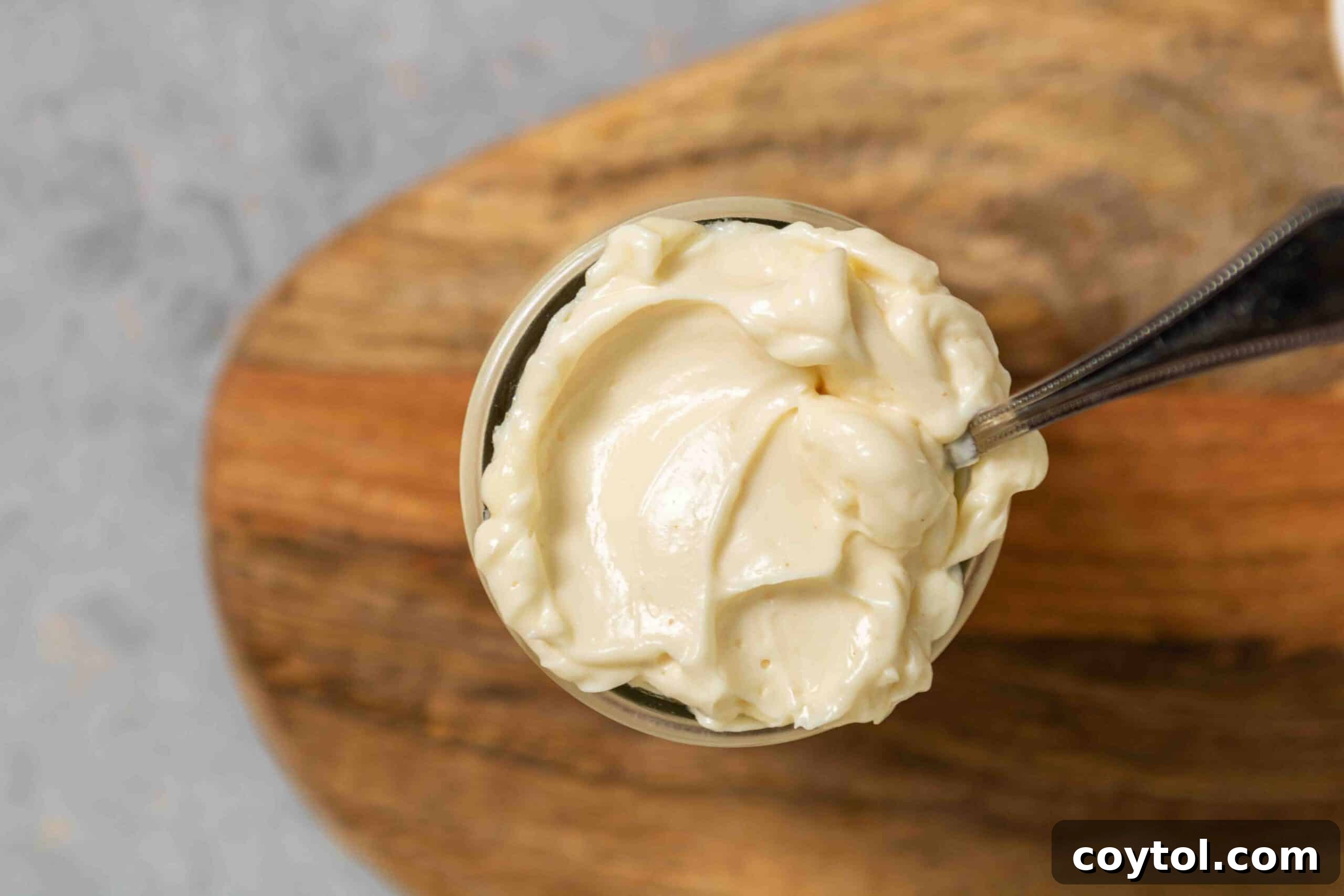 Whip Up Perfect Mayonnaise in Your Food Processor 7 Overhead shot of mayo in a jar with beautiful texture, ready to be used