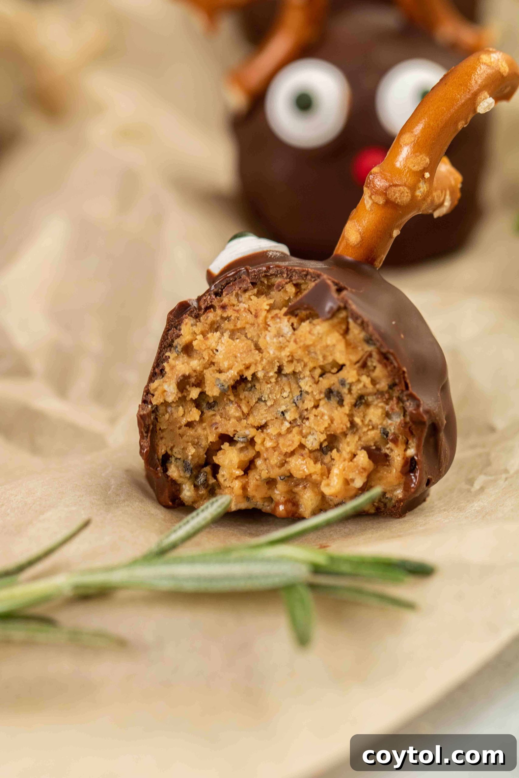 texture inside the reindeer balls, showing the crunchy rice krispies