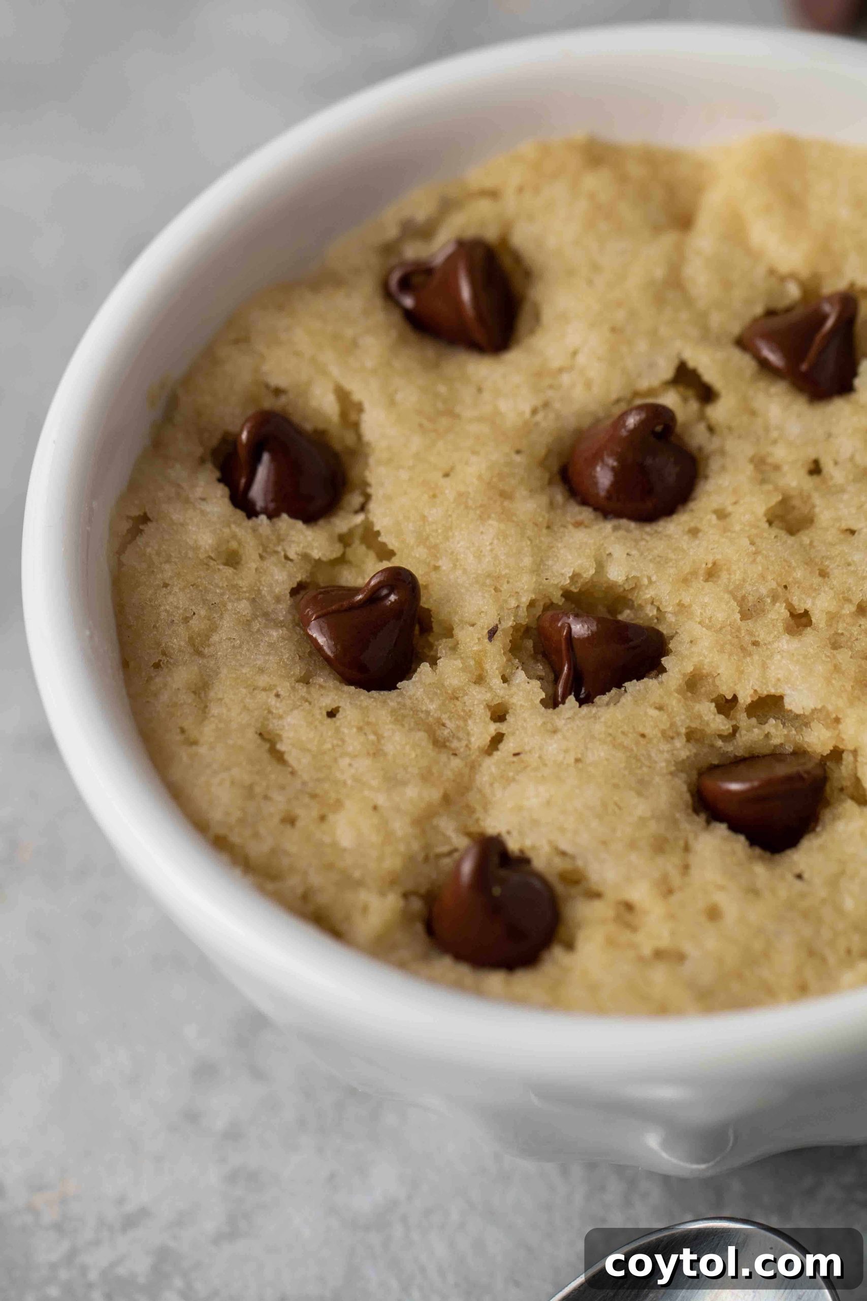Guilt-Free Vegan Chocolate Chip Mug Treat 11 Close-up of a perfectly baked healthy vegan chocolate chip mug cookie, ready to eat
