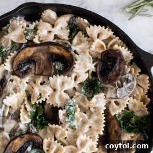 Creamy vegan mushroom pasta, plated and ready to serve.