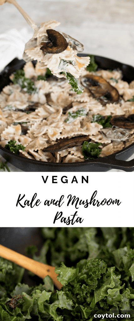 Pinterest pin graphic for creamy vegan mushroom pasta, featuring the finished dish with rich texture.