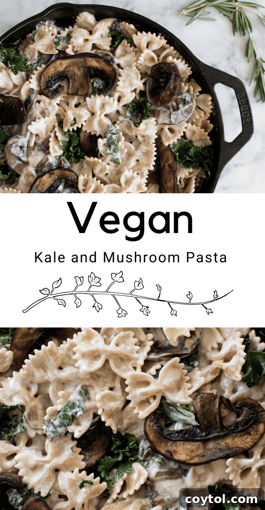 Pinterest pin graphic for the vegan mushroom and kale pasta, highlighting key ingredients.