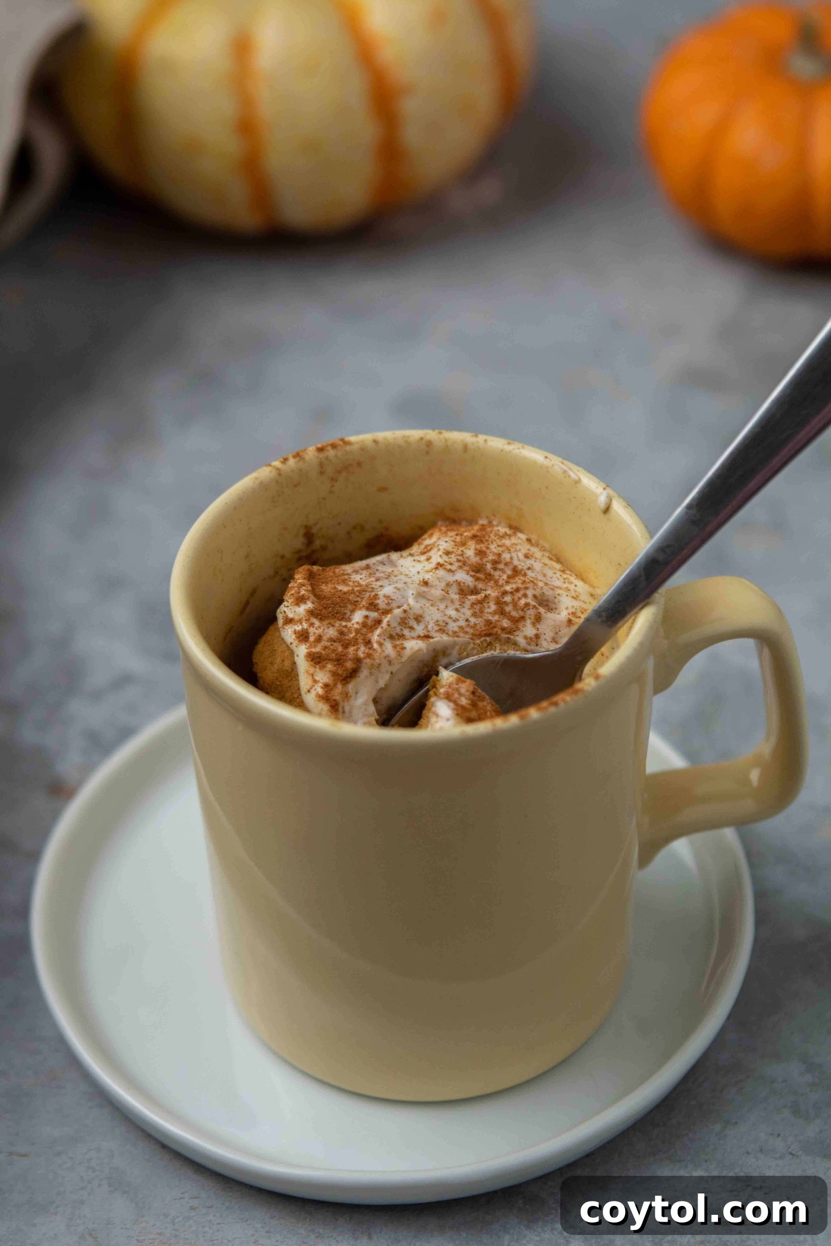 Various ingredients for pumpkin mug cake laid out on a rustic wooden surface, highlighting fresh pumpkin puree.