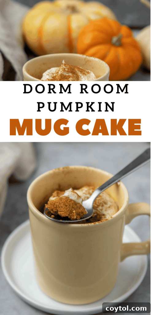 A delicious pumpkin mug cake adorned with whipped cream and a sprinkle of cinnamon, perfect for a cozy treat.