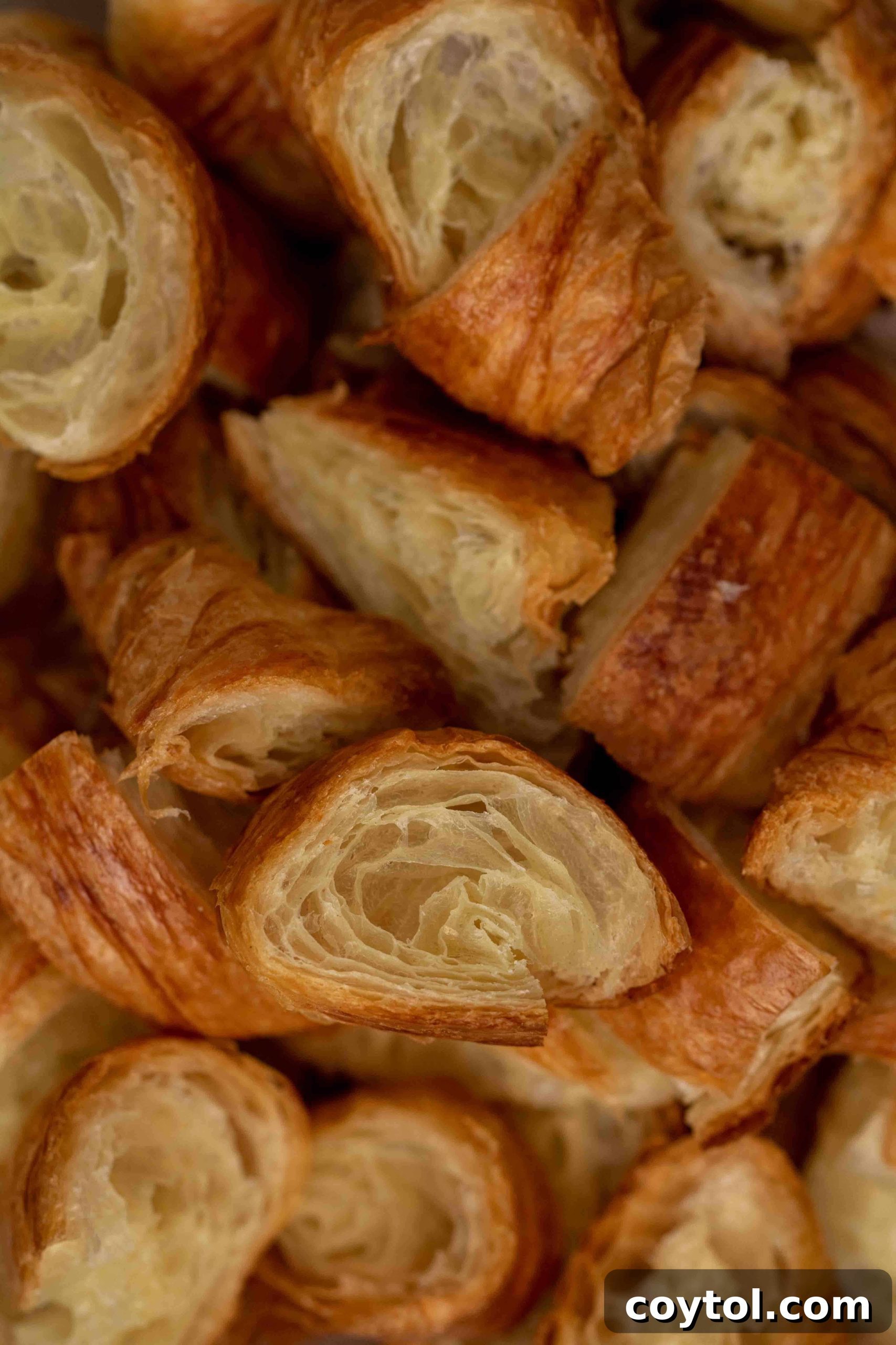 Close-up of torn day-old croissants ready to be soaked in custard