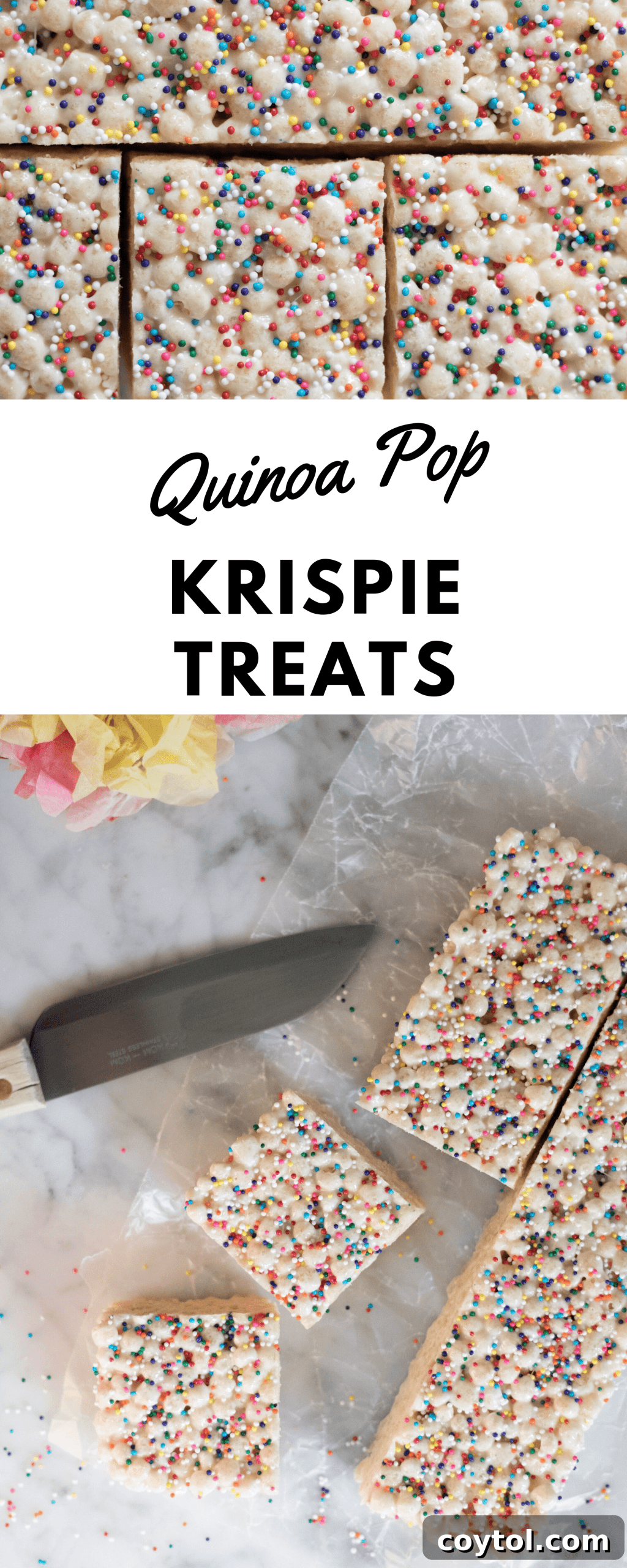 Vertical pin image for Quinoa Pop Krispie Treats, showing a delicious square on a plate.
