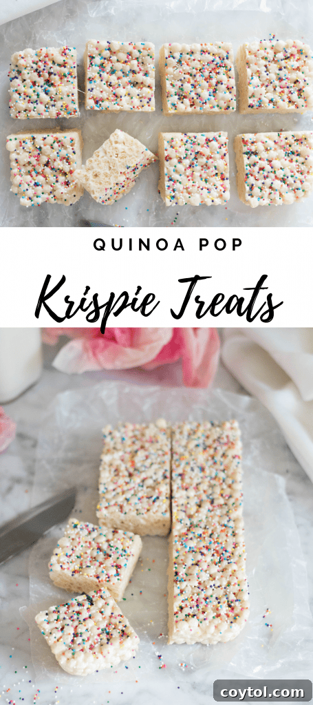 Pin image for Quinoa Pop Krispie Treats, showcasing the texture and sprinkles.