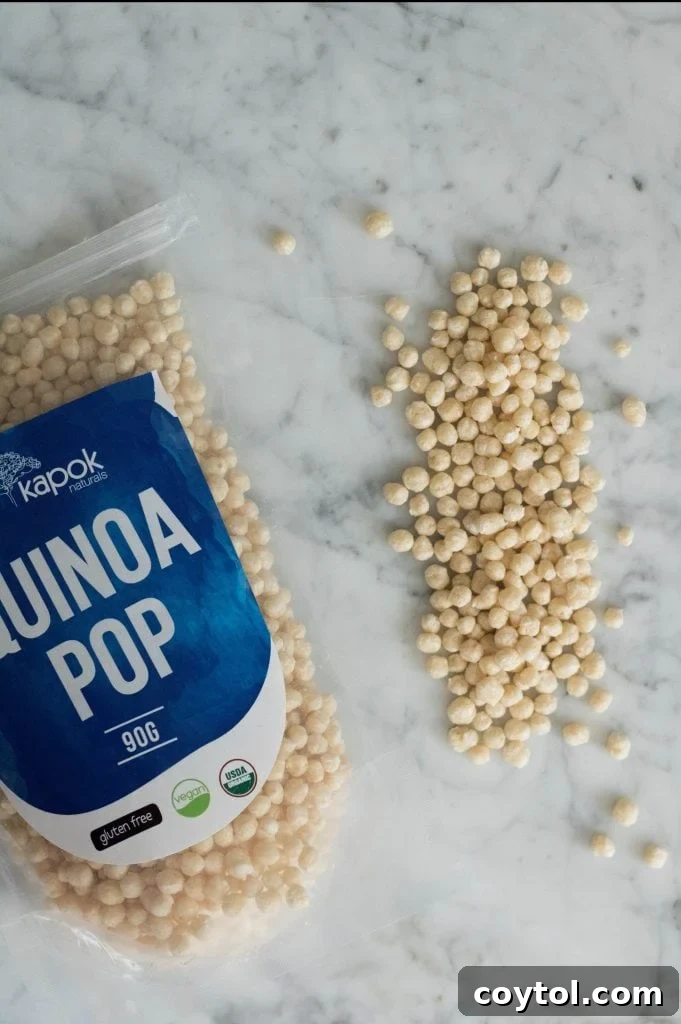 Close-up of fluffy quinoa pops, ready for baking.