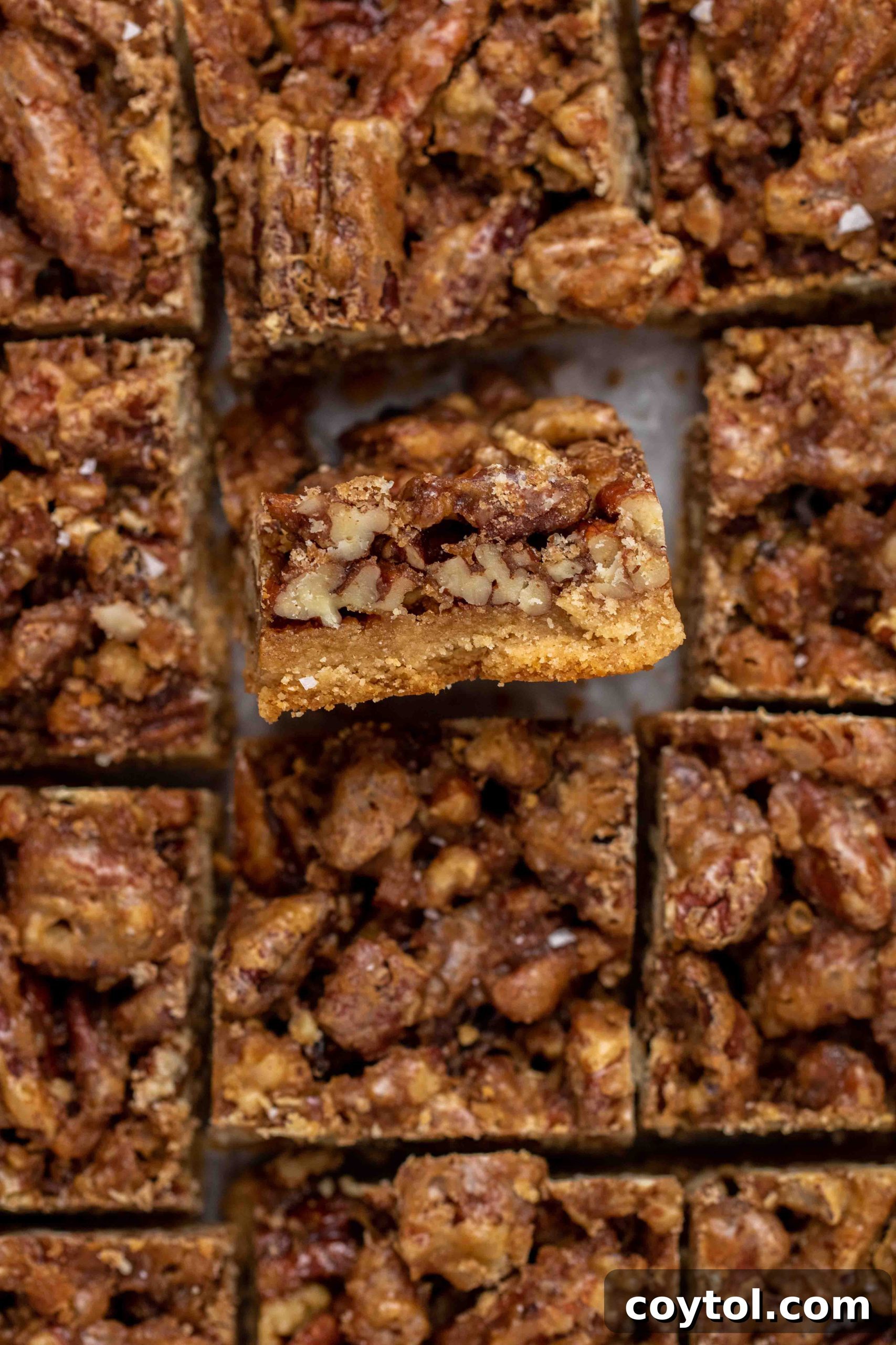 Close up shot of individual healthy pecan pie bars.
