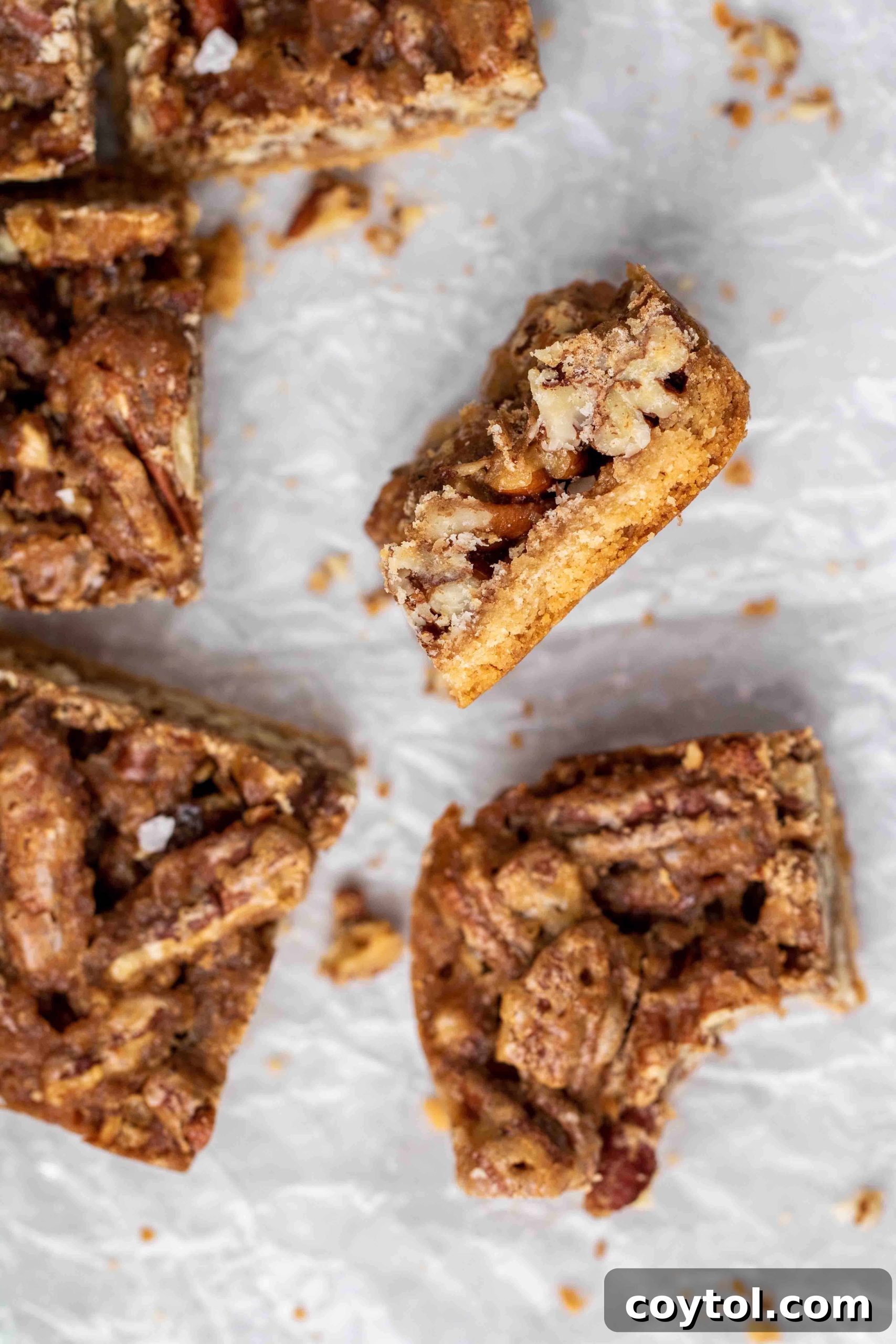 Close-up texture of freshly baked healthy pecan pie bars.