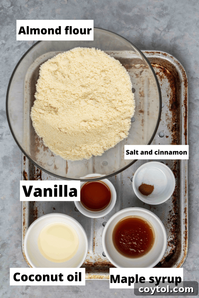 Assortment of dry ingredients for healthy pecan pie bars.