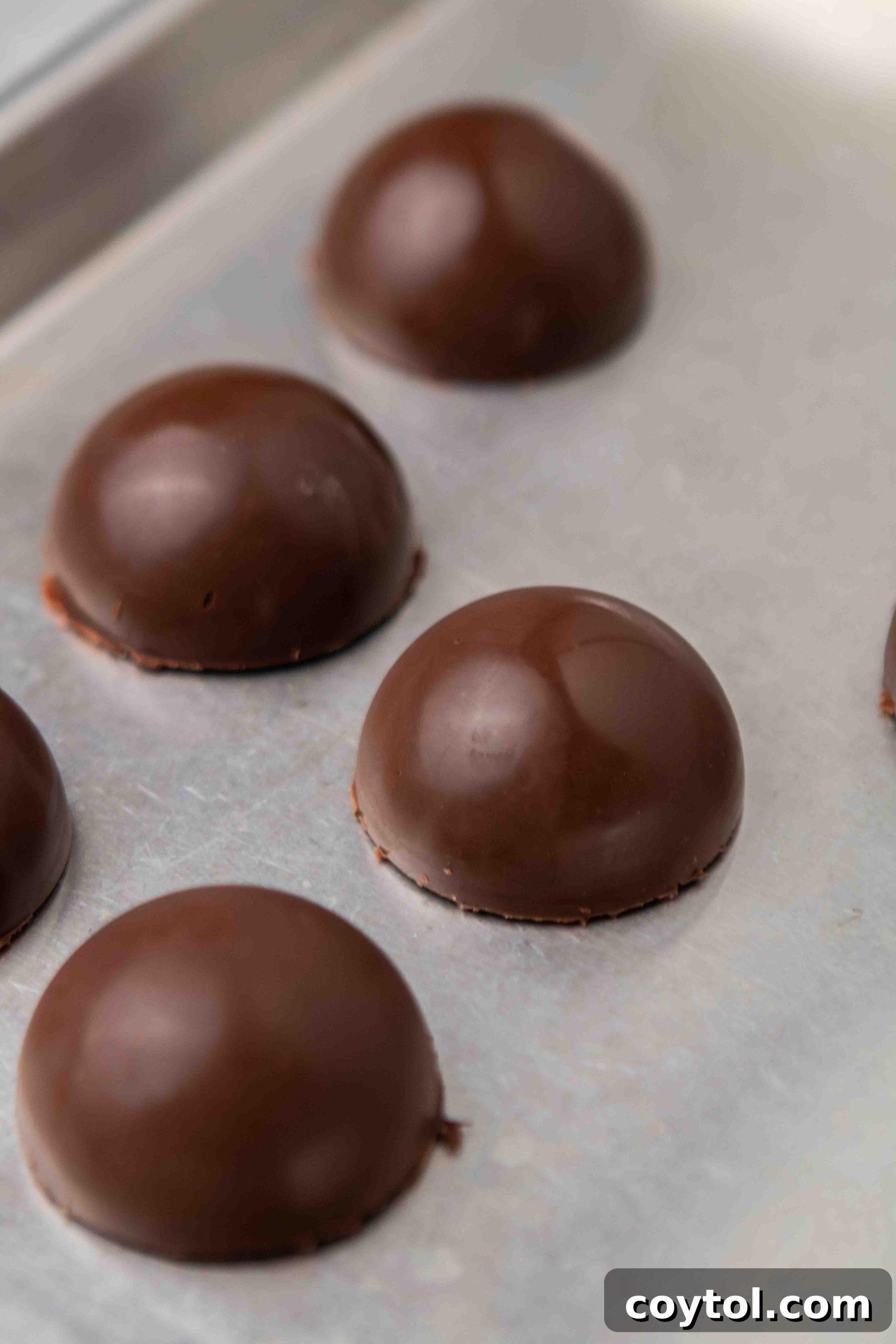 Assembled hot chocolate bomb halves waiting to be sealed