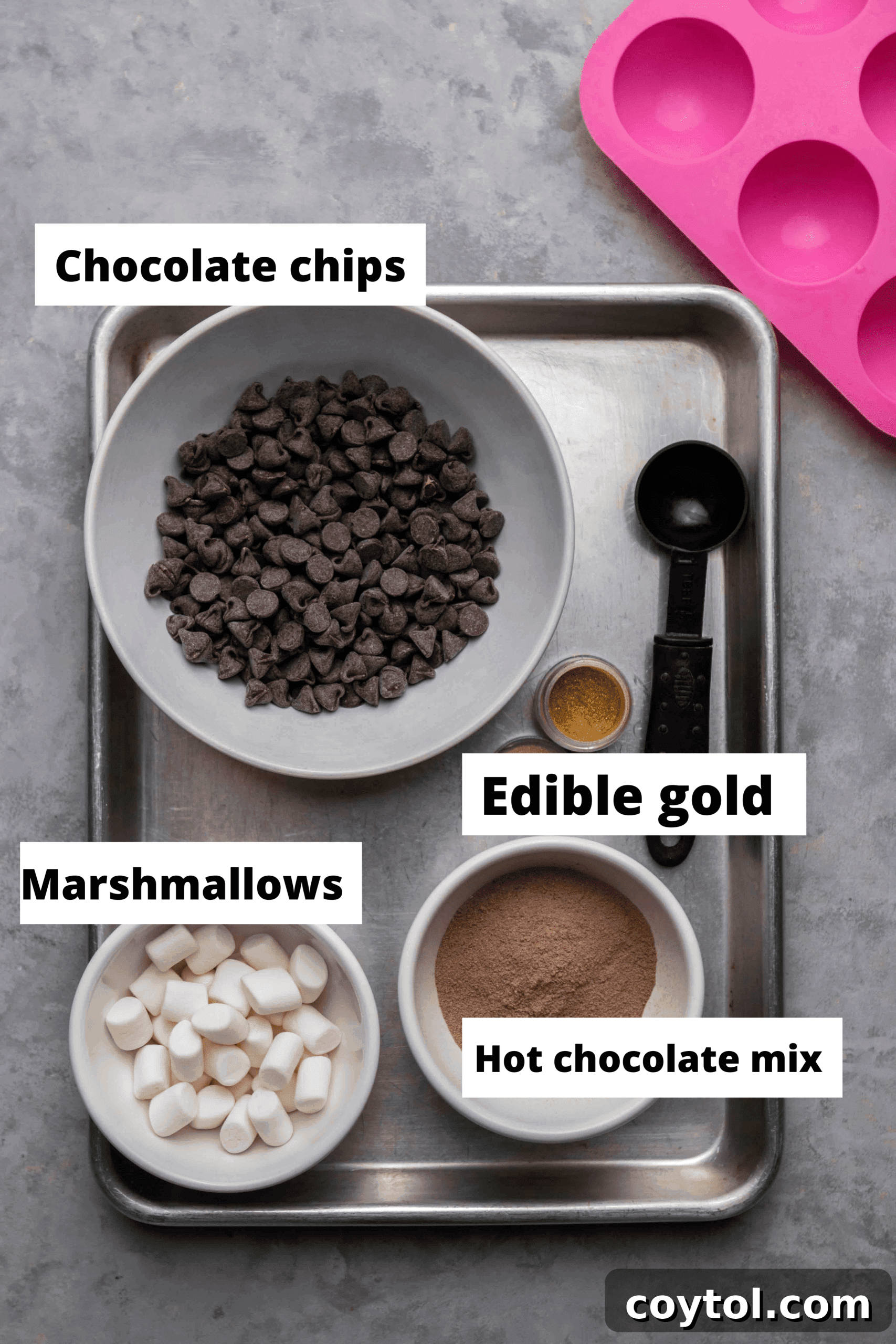 Various hot chocolate bomb ingredients laid out for preparation
