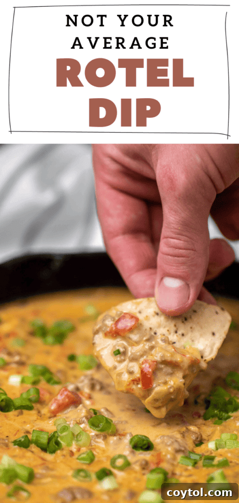 Easy cheese Rotel dip served in a bowl with tortilla chips.