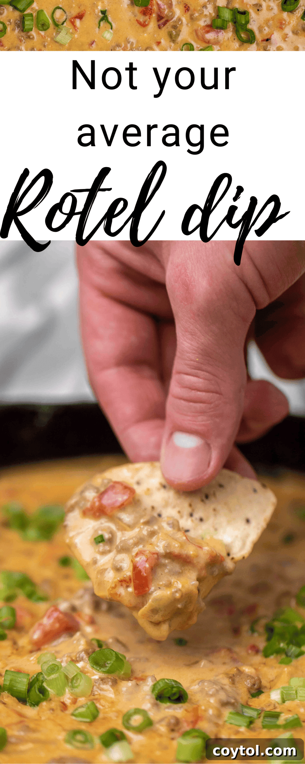 Rotel dip with a scoop ready to serve on a rustic wooden background.