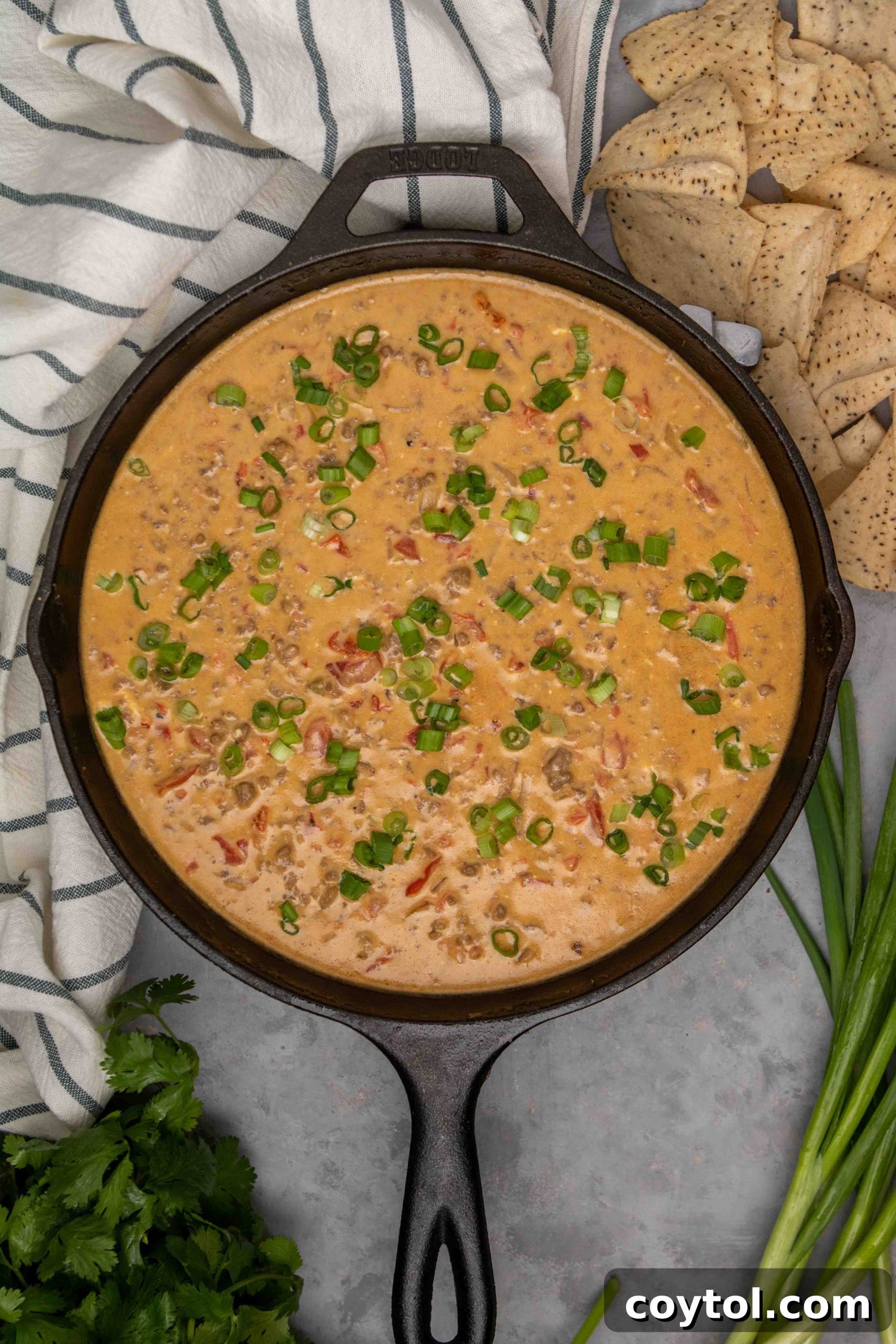 How to make Rotel dip: A close-up of the melted Velveeta and Rotel tomatoes simmering with the ground beef and cream cheese in a skillet.