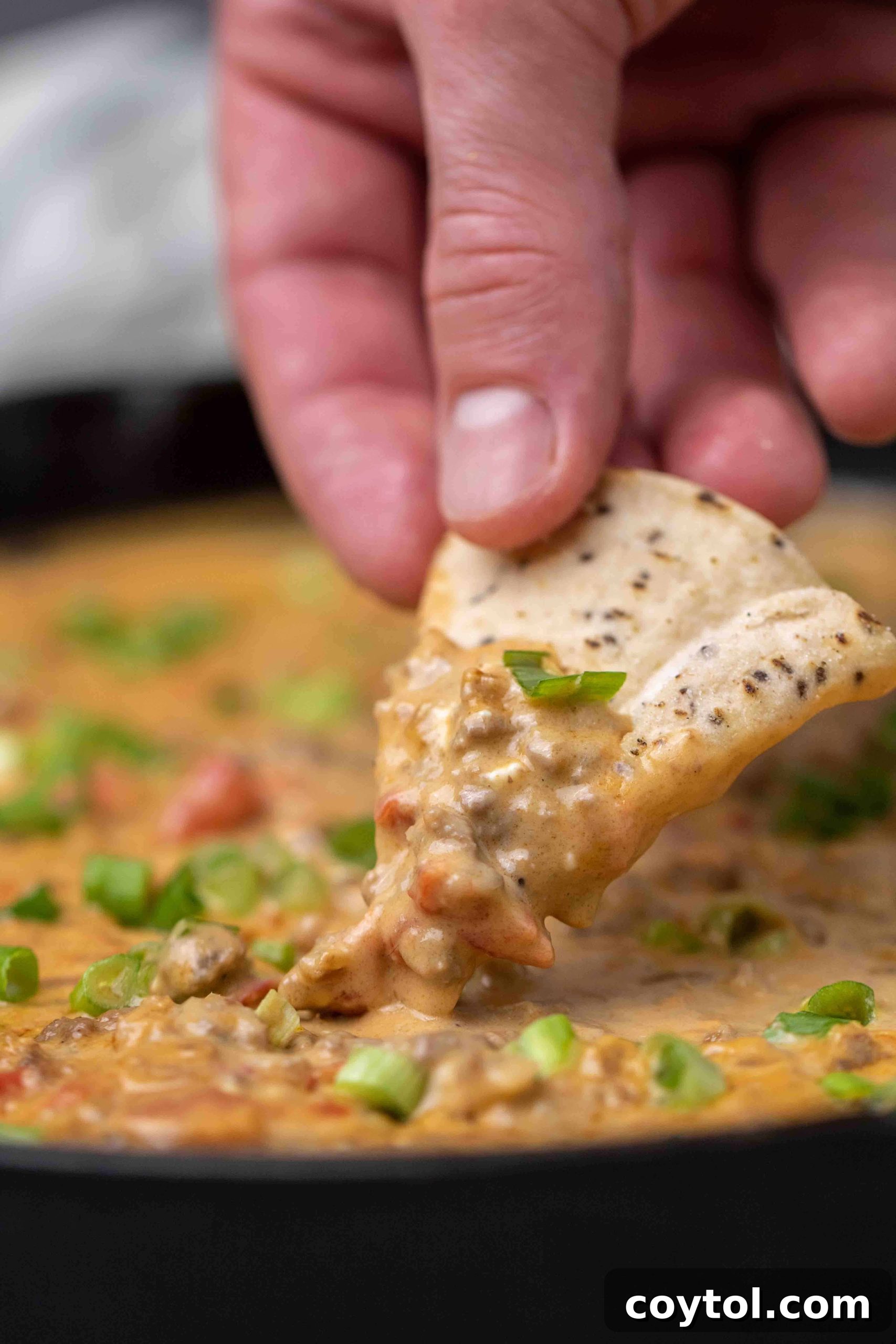 A slow cooker filled with the bubbling, cheesy Rotel dip, garnished with fresh green onions, ready to serve.