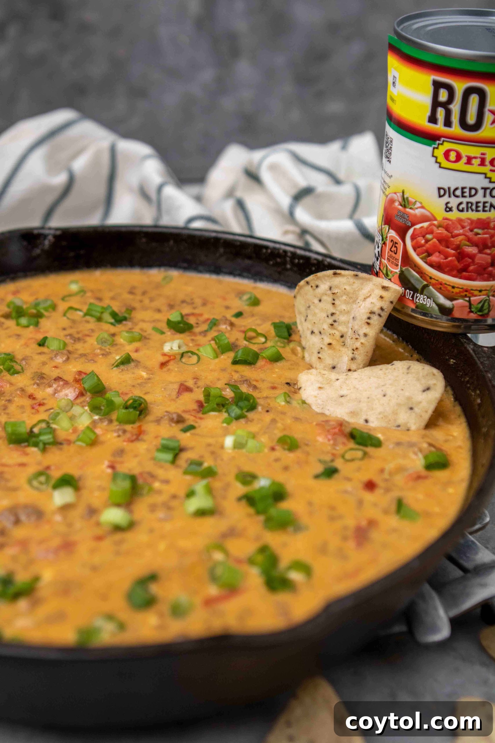A close-up of a portion of the Rotel dip, showing its rich, thick texture, with a serving spoon and a scattered green onion garnish.
