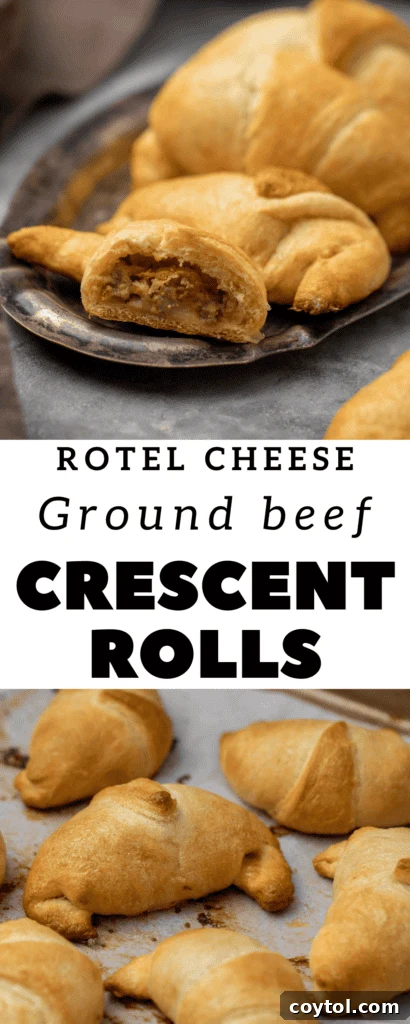 Zesty Rotel Beef and Cheese Crescents 12 Pinterest graphic for quick and easy Rotel ground beef crescent rolls