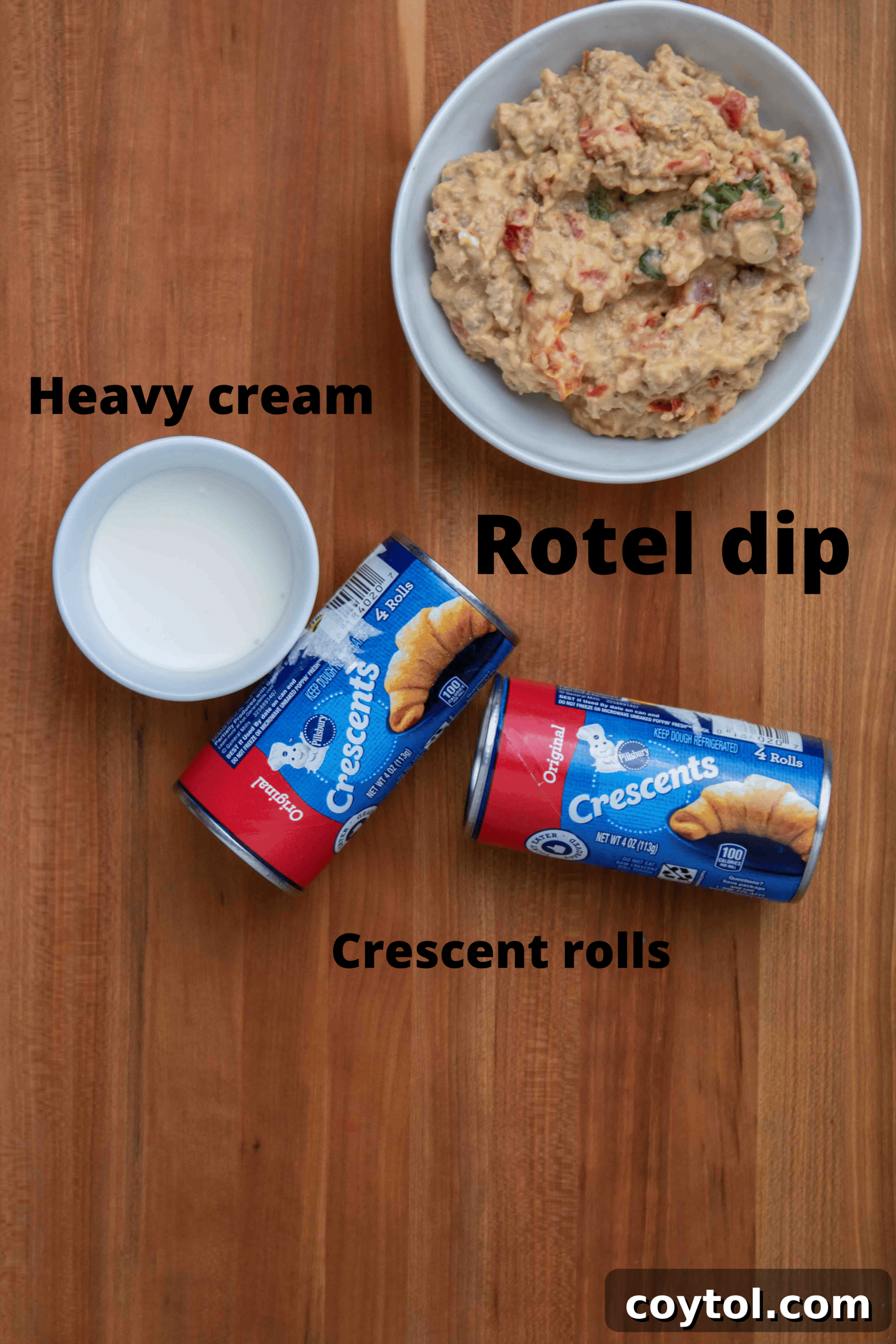 Zesty Rotel Beef and Cheese Crescents 3 Essential ingredients for cheesy ground beef stuffed crescent rolls laid out
