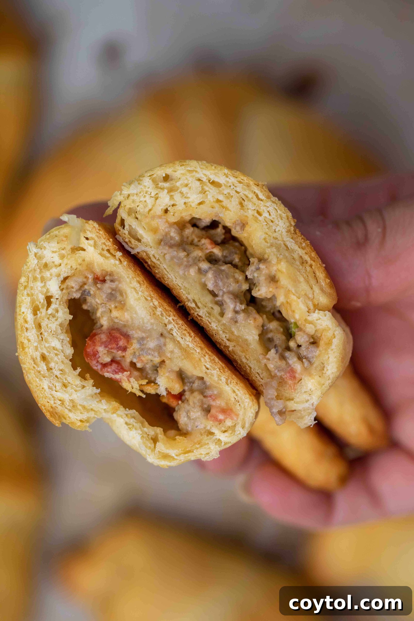 Zesty Rotel Beef and Cheese Crescents 7 Close-up of the delicious filling inside a baked ground beef crescent roll